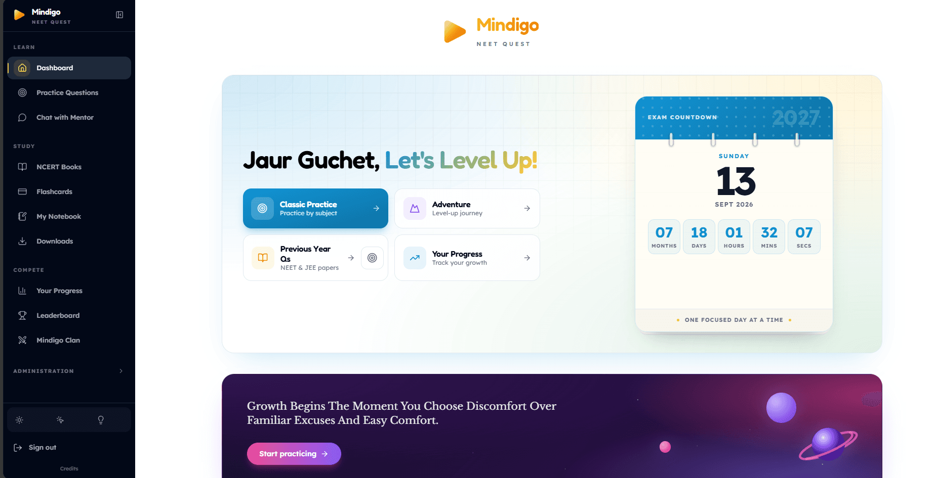 Mindigo dashboard shown across public and signed-in views, including practice options, study navigation, progress tools, and the NEET exam countdown